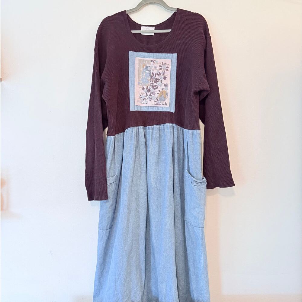 Vintage cottagecore maroon denim smock dress XL floral patchwork